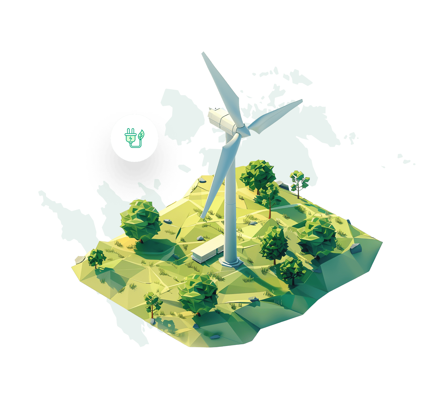 Illustration of a windmill on a piece of green land with trees and plants